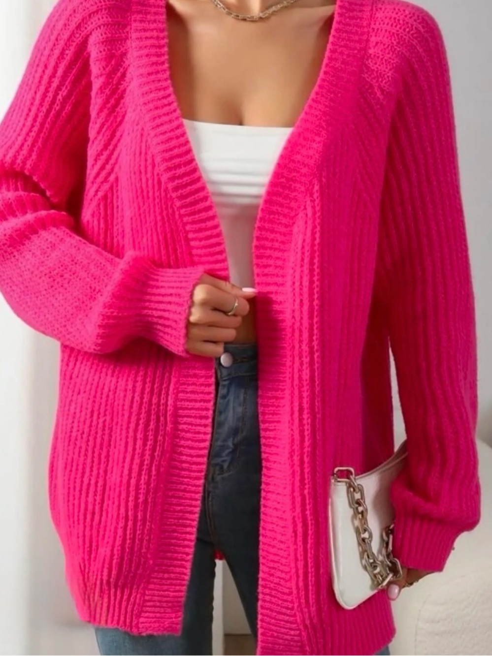 Fobya NWOT Hot Pink Open-Front Oversized Cardigan with Pockets